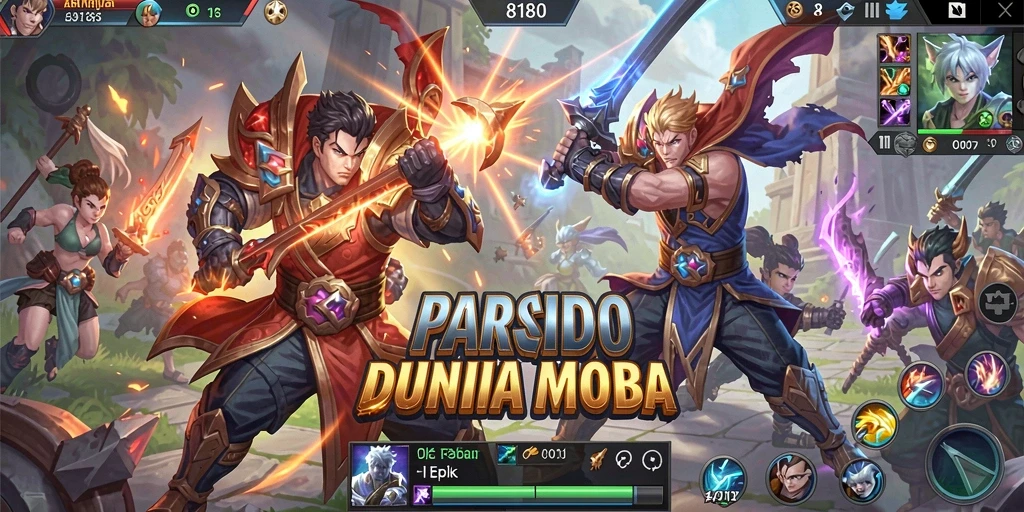 Tampilan seru dari gameplay MOBA 8180 dengan hero yang beraksi.