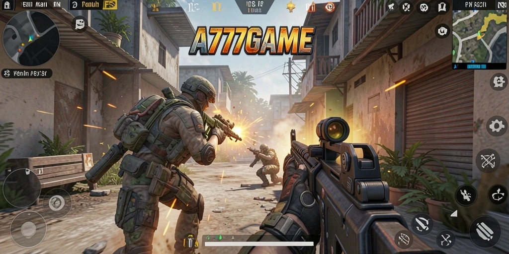 Screenshot A777GAME menampilkan aksi tembak-menembak yang intens dan mendebarkan.
