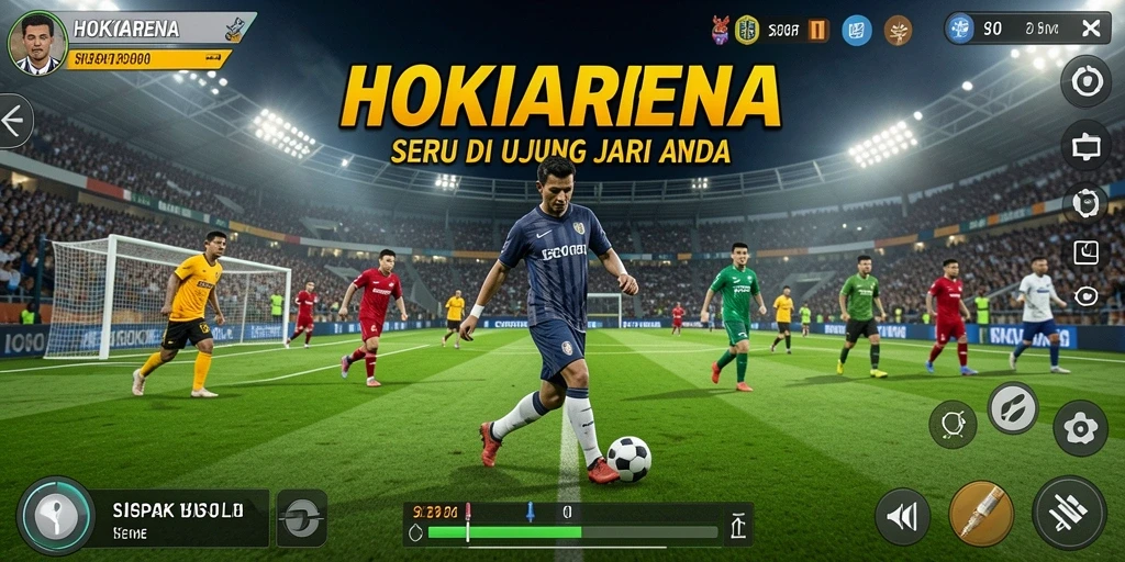 Screenshot gameplay HOKIARENA dengan tim sepak bola beraksi.