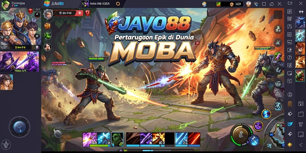 Screenshot gameplay JAVO88 menampilkan pertarungan seru antar pahlawan.