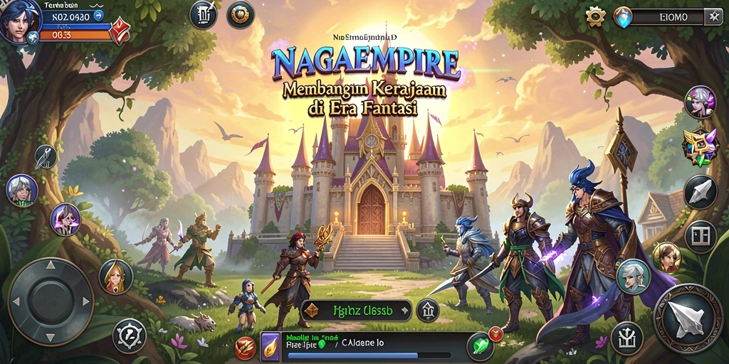 Screenshot gameplay NAGAEMPIRE menampilkan keragaman unit dan bangunan strategis.