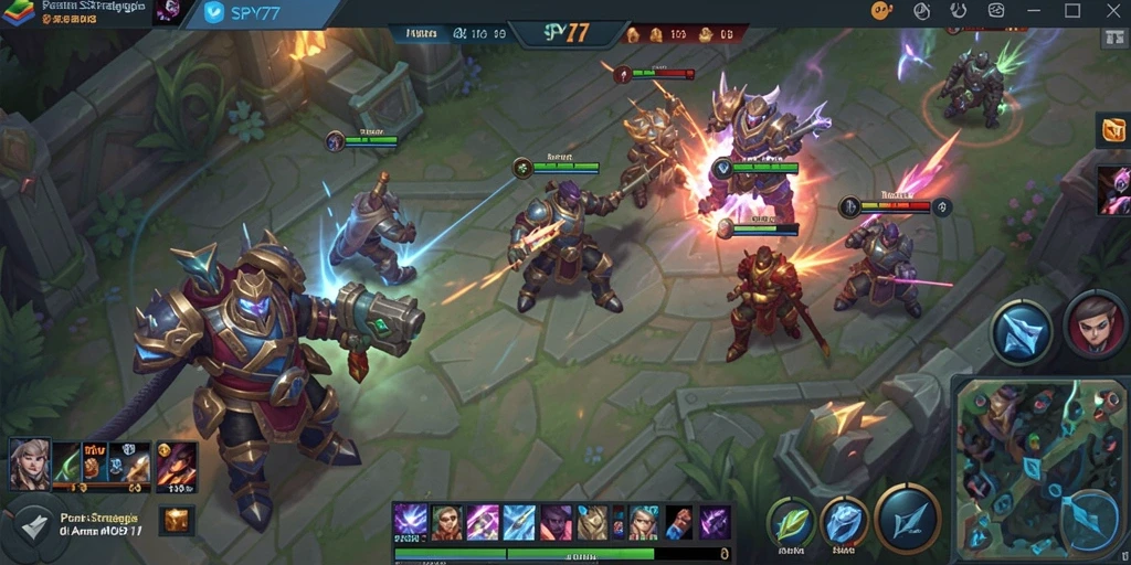 Screenshot utama SPY77 menampilkan aksi pertarungan hero di arena MOBA.